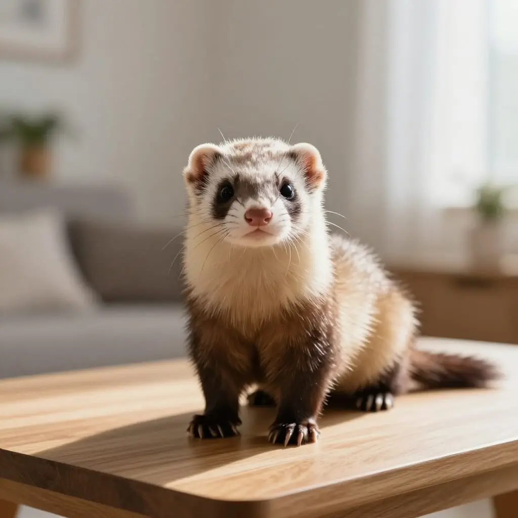 Furet domestique dans une maison illustrant les avantages et les inconvénients de son adoption