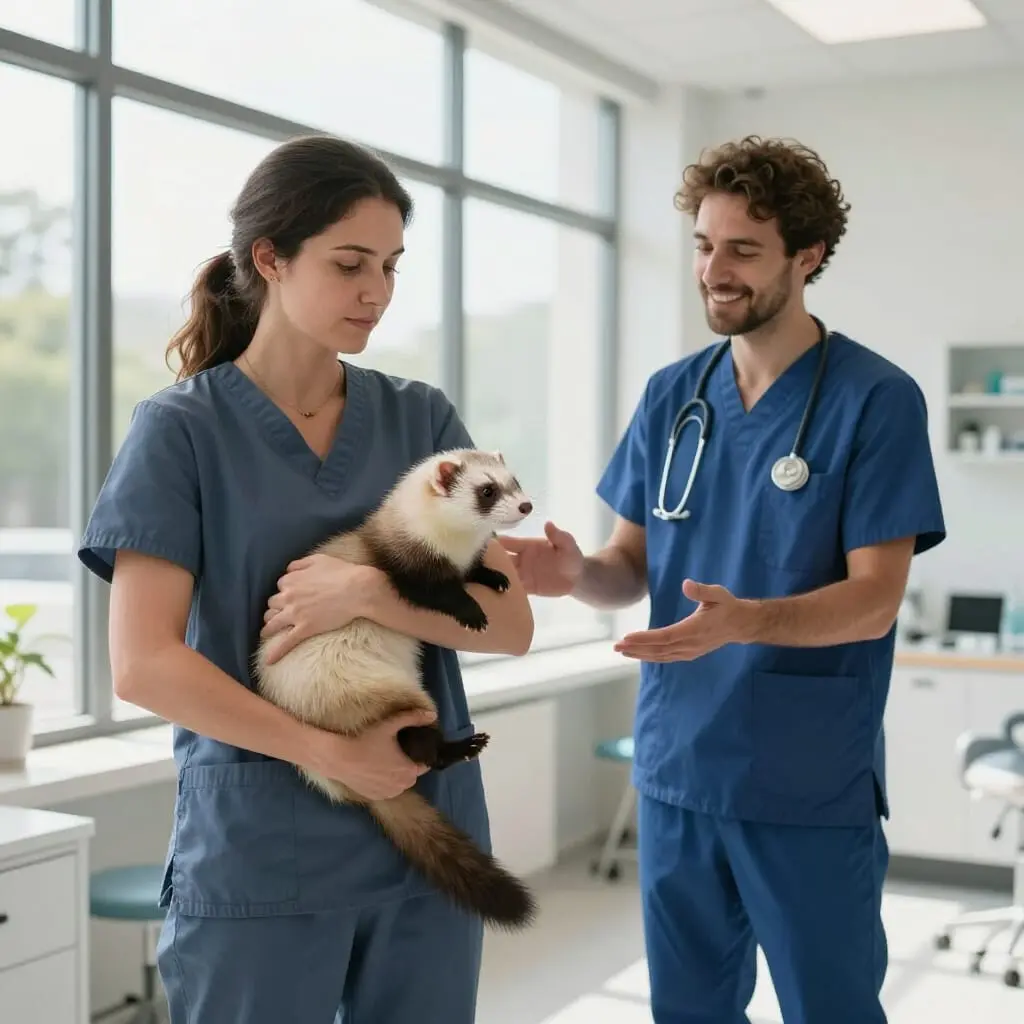 Propriétaire emmenant son furet chez le vétérinaire.