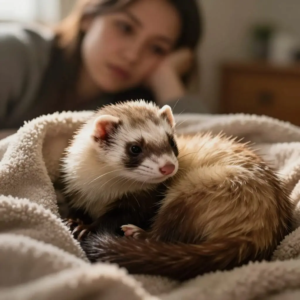 Furet montrant des signes de fatigue et de maladie.