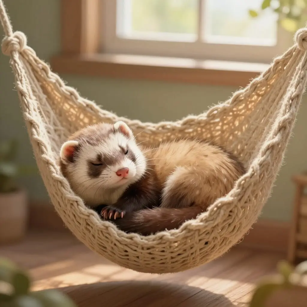 Furet dormant dans un hamac.
