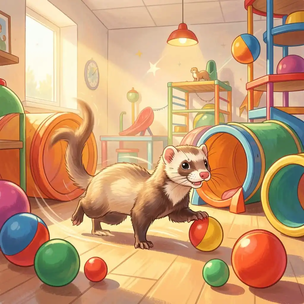 Dessin d'un furet jouant avec des jouets pour se stimuler