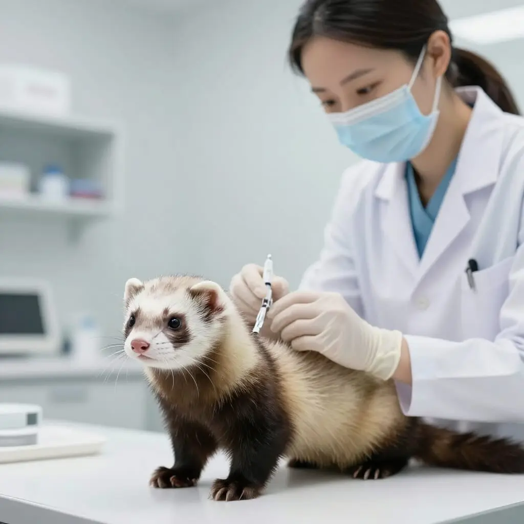 Vaccination d'un furet par un vétérinaire.