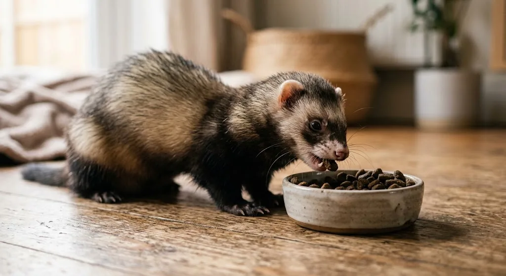 Furet mangeant des croquettes dans une gamelle