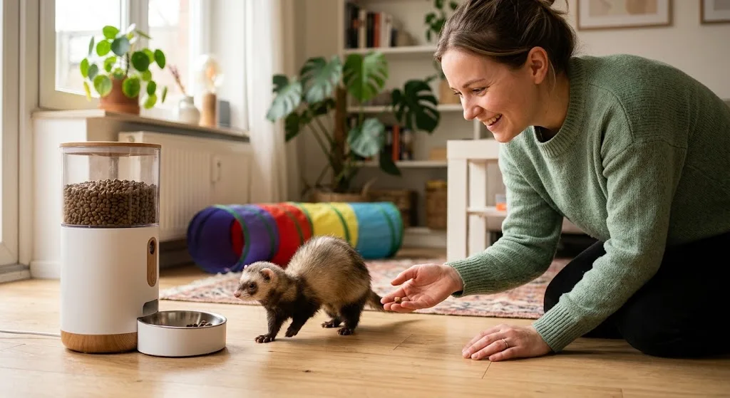 Introduction d'un furet à sa gamelle automatique